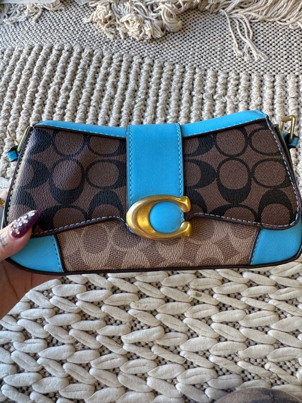 Coach Inspired Brown Signature Canvas Crossbody with Turquoise Trim NEW
